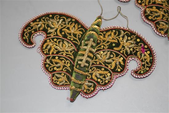 A pair of Chinese metal thread embroidered green velvet butterfly decorations, W. 17cm